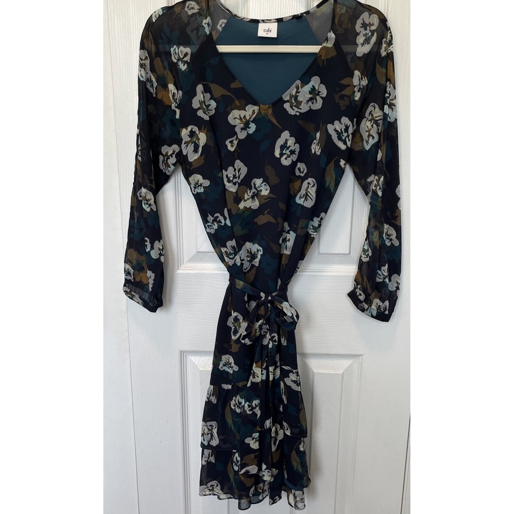 Cabi Pirouette Dress Floral Chiffon Ruffled Hem Green Belted Lined V Neck Medium